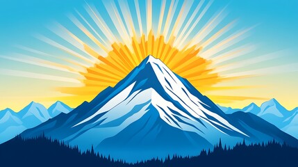 A snowy mountain with sunlight rays across a clear blue sky
