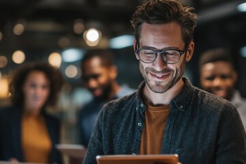 Fototapete - Smiling Man Using Tablet With Coworkers in Background, Representing Modern Workplace Collaboration and Digital Transformation in Business : Generative AI