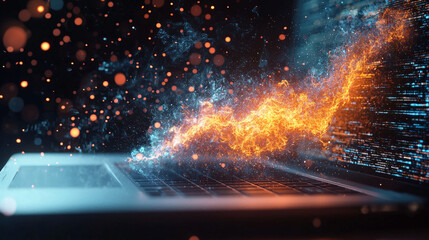 Laptop emitting fire and particles with digital code effect in a dark abstract environment