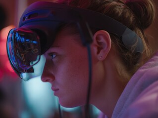 Leinwandbilder - Young Woman Immersed in Virtual Reality Headset, Exploring Digital Transformation and Future Technology, Showcasing Innovation and Cutting-Edge Experience : Generative AI