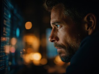 Fototapete - Focused Man Analyzing Data on Screen in Dark Room, Illustrating Technology and Digital Transformation for Business Solutions and Recruitment Campaigns : Generative AI