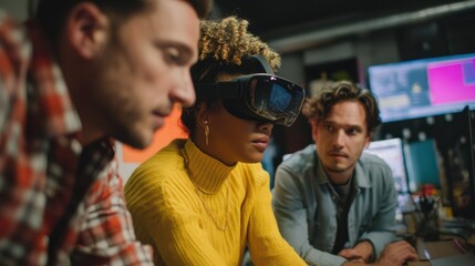 Aufkleber - Team Collaborating With Vr Headset in Modern Office, Illustrating Innovation and Technology Adoption for Business Transformation and Digital Solutions : Generative AI