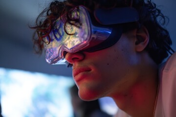 Poster - Man Wearing VR Headset Experiencing Virtual Reality, Showcasing Technology and Digital Transformation, Immersed in a Futuristic Metaverse : Generative AI