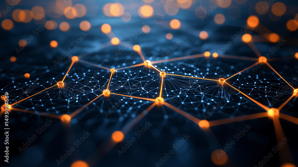 Abstract network with orange nodes and connecting lines on a dark blue ...
