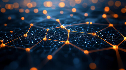 Abstract network with orange nodes and connecting lines on a dark blue background surface