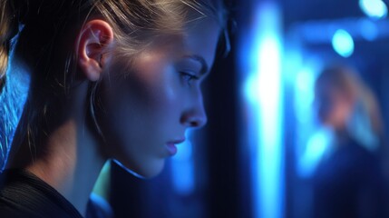 Fototapete - Pensive Woman Looking at a Screen in Blue Light, Representing Technology Adoption and Digital Transformation in the Modern Workplace, with a Sense of Focus : Generative AI