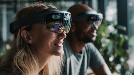 Fototapete - Smiling People Wearing Augmented Reality Headsets, Showcasing Innovation and Future Technology in Business and Recruitment : Generative AI