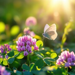 Wall Mural - Butterfly on Clover Flower in Meadow at Sunset Eye-Level View Nature Macro Close-up Springtime Beauty