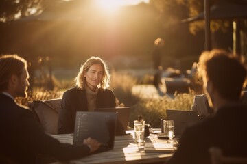 Aufkleber - Business Team Meeting Outdoors During Golden Hour, Showcasing Collaboration and Corporate Retreats in a Serene Environment : Generative AI