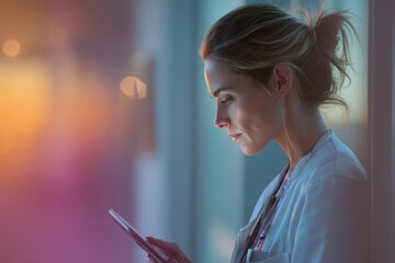 Poster - Focused Doctor Using Tablet in Hospital Hallway at Night, Representing Healthcare Technology and Medical Innovation for Patient Care and Telemedicine : Generative AI