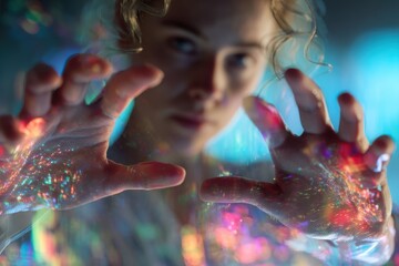 Poster - Young Woman Reaching Out With Glowing Hands, Representing Innovation and Future Technology, Ideal for Digital Transformation and Creative Solutions : Generative AI