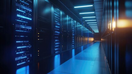 Poster - Dark futuristic server room with glowing blue data racks and moody lighting, ideal for visuals related to cloud computing, cybersecurity, and digital technology infrastructure