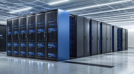 Poster - Modern 3D rendering of a high-tech server room with sleek blue and black racks under bright lighting, perfect for cloud computing, cybersecurity, and data infrastructure content