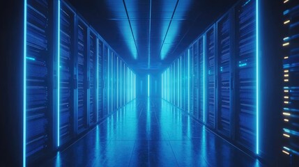 Poster - Symmetrical 3D render of a futuristic data center hallway glowing in blue light, ideal for illustrating cloud technology, AI infrastructure, and high-speed network systems