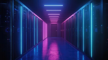 Poster - Futuristic data center corridor with glowing pink and blue lights and server racks, ideal for cloud computing, tech visuals, and high-performance digital infrastructure themes