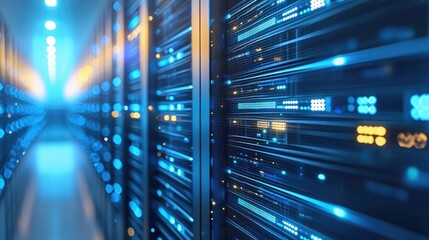 Poster - Futuristic 3D rendering of a glowing blue server room with illuminated data racks and high-speed network infrastructure, ideal for tech marketing, cloud computing, and data center visuals