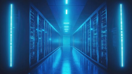 Poster - Bright blue-lit futuristic server corridor with symmetrical racks and glowing lights, ideal for visuals related to cloud services, AI systems, and secure digital networks
