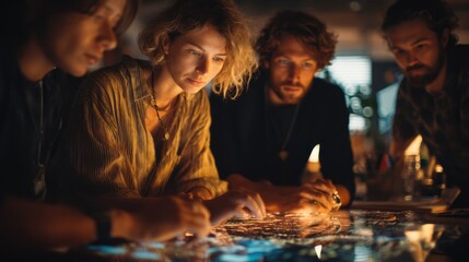 Poster - Diverse Team Collaborating Around Illuminated Table, Representing Strategy and Innovation in a Warm, Intimate Setting for Business Mentorship and Creative Problem Solving : Generative AI