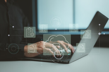 Aufkleber - A person working on a laptop with cloud-based checklists and files, symbolizing efficient online data handling.