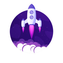 Wall Mural - Rocket launch, space futuristic colorful background with planets and stars. Cartoon starship, spaceship in night sky. Solar system, galaxy and universe exploration. Vector illustration