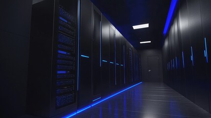 Poster - 3D render of a sleek dark server room with vertical blue LED indicators and reflective flooring, perfect for IT infrastructure, data security, and cloud technology concepts