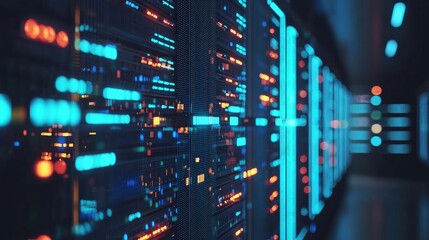 Poster - High-detail 3D render of a futuristic data center with glowing blue and orange server indicators, ideal for AI, cloud computing, and advanced network infrastructure themes