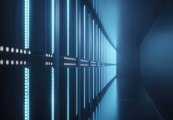 Poster - Bright 3D render of a futuristic server room corridor with parallel rows of illuminated blue panels, perfect for cloud computing, cybersecurity, and technology backgrounds