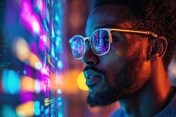 Wall Mural - futuristic portrait of a man with neon reflections in glasses against a vibrant digital background