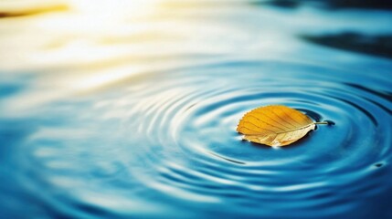 Wall Mural - Golden Leaf Floating on Rippling Water Surface in Autumn Sunlight Calm Serene Nature Close Up Shot