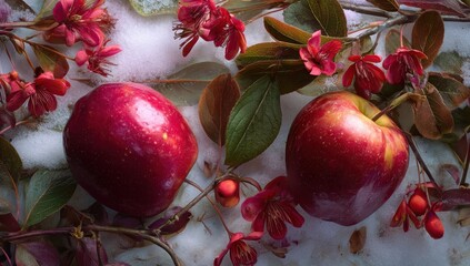 Poster - Two Red Apples Surrounded by Red Flowers and Green Leaves on a Snowy Surface, Symbolizing Freshness and Seasonal Eating : Generative AI