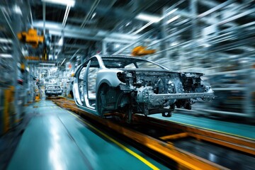 Fototapete - Car Bodies on Assembly Line in Automotive Factory, Showcasing Manufacturing Excellence and Technological Advancement in Industry 4.0 : Generative AI