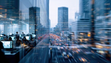 Fototapete - Busy Office Overlooking City Traffic at Dusk, Illustrating Modern Technology and Digital Transformation in the Workplace, Ideal for Corporate Communications : Generative AI
