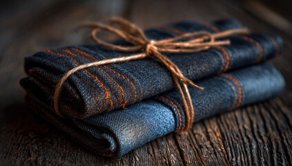 Poster - Stack Of Folded Denim Cloths Tied With Twine On Rustic Wood, Representing Craftsmanship and Sustainable Living, Perfect For Textile Design and Fashion Promotion : Generative AI
