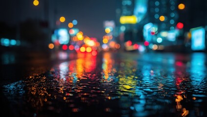 Poster - Rainy City Street at Night With Blurred Lights, Showcasing Urban Life and Atmospheric Beauty for Travel and Cityscape Photography : Generative AI