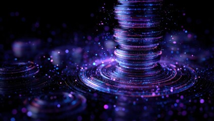 Poster - Abstract Stack of Glowing Rings With Particles, Representing Data Flow and Technological Innovation in a Digital World : Generative AI