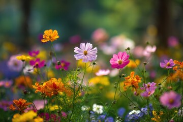 Poster - Vibrant Cosmos Flowers in a Lush Meadow, Symbolizing Natural Beauty and Springtime Renewal for Eco-Friendly Initiatives and Floral Design Inspiration : Generative AI