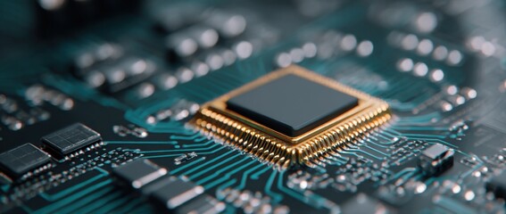 Leinwandbilder - Macro Shot of a Golden Computer Chip on a Circuit Board, Illustrating Technological Innovation and Digital Transformation in the Semiconductor Industry : Generative AI