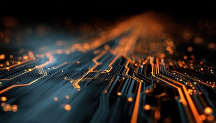 Fototapete - Illuminated Circuit Board with Orange Glow, Representing Technology Innovation and Digital Transformation in Business : Generative AI
