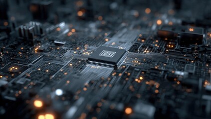 Leinwandbilder - Close-Up of a Computer Chip on a Circuit Board, Illustrating Technological Advancement and Digital Transformation in the Modern Tech Industry : Generative AI