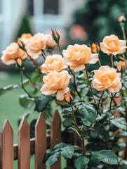 Wall Mural - Peach roses blooming near fence in garden setting, eye level view, soft focus, natural light, backyard