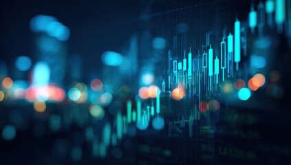 Poster - Abstract Financial Chart Over Blurred Cityscape at Night, Representing Investment Growth and Economic Development in Urban Areas : Generative AI