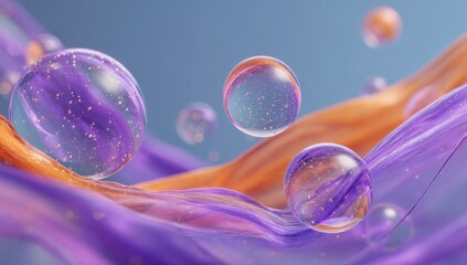 Leinwandbilder - Floating Glass Spheres with Gold Particles on Flowing Fabric, Symbolizing Innovation and Fluidity in Modern Technology and Design, Ideal for Marketing Materials : Generative AI