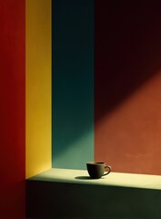 Poster - Coffee Cup on a Shelf With Colorful Stripes, Representing a Moment of Reflection and a Coffee Break : Generative AI
