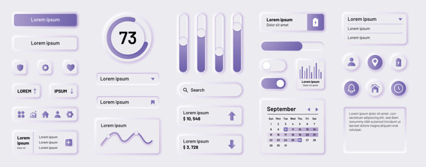 Fototapete - UI buttons. Interface design elements. Web app kit or website calendar icons. User application template. Browser search bar. Indicator graph. Vector application Neumorphic symbols set