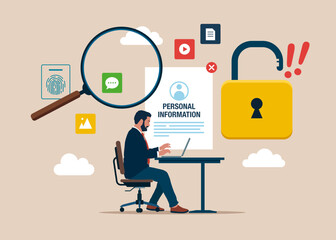 Software engineer working on online  Information Hacking. Computer with Blocked Account on Screen. Hacking and exploit results. Flat vector Illustration.