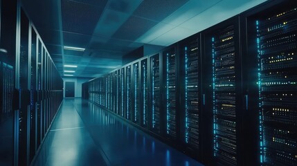 Poster - High-security data center with rows of illuminated server racks and clean interior lighting, ideal for cloud infrastructure, IT services, and network operations visuals