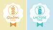 © Tatiana - Food, drink, lactose free, gluten free, health, intolerance, zero wheat, nutrition, diet, vegan, plant-based milk, healthy. Label, tag, sticker, product, packaging, industry. Set, vector