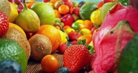 Aufkleber - Various Kind of Fresh Exotic Fruits. Camera Placed on Motion Control System. Filmed on High Speed Cinema Camera. Camera in Motion. Blue Sky on Background.