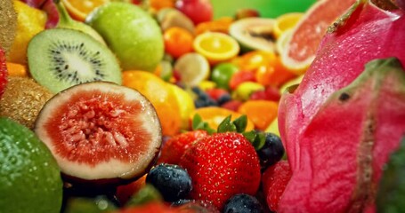 Aufkleber - Various Kind of Fresh Exotic Fruits. Camera Placed on Motion Control System. Filmed on High Speed Cinema Camera. Camera in Motion. Isolated on Green Background.