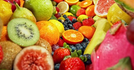 Aufkleber - Various Kind of Fresh Exotic Fruits. Camera Placed on Motion Control System. Filmed on High Speed Cinema Camera. Camera in Motion.